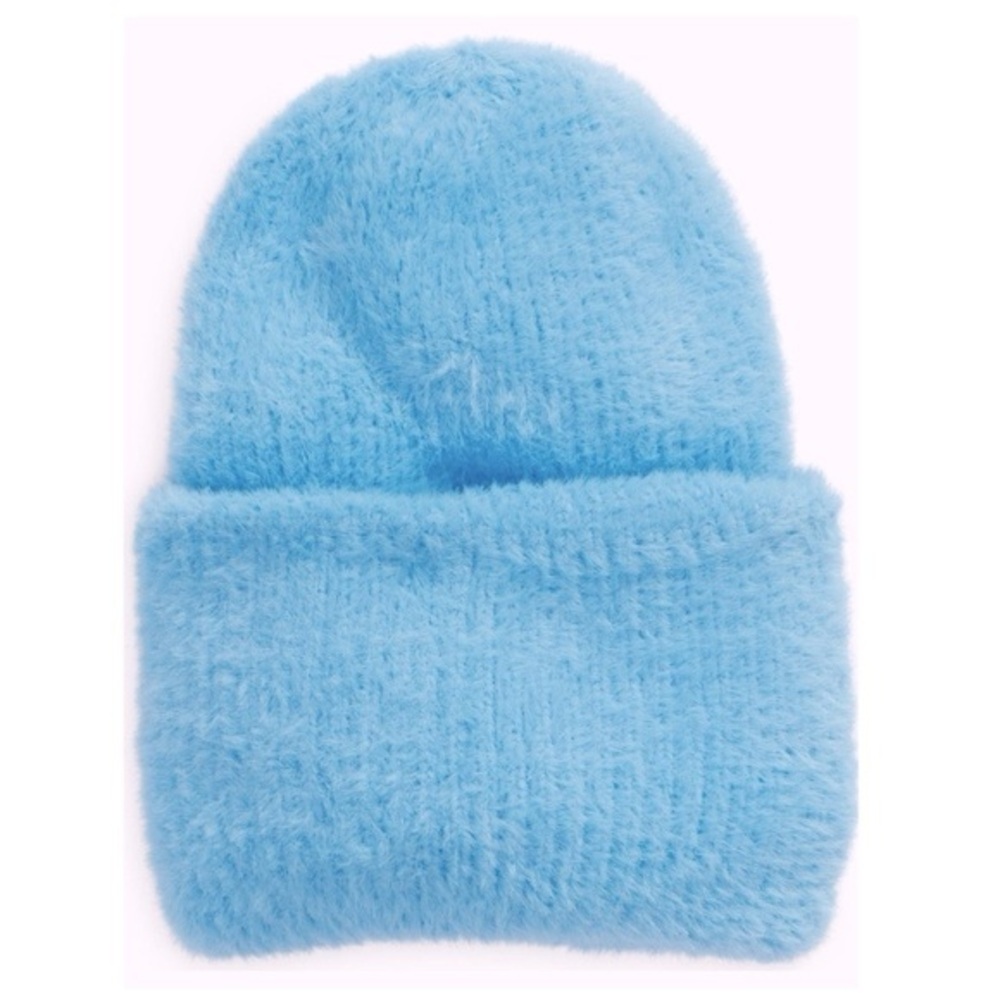 NWT Open Edit Feather Yarn Stretch Beanie Hat in Blue Maya